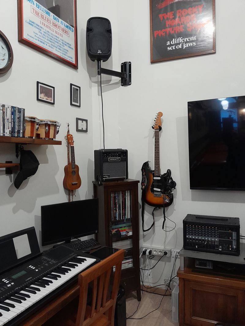 Angolo musicale di giorno: locandine dei Blues Brothers e del Rocky Horror Picture Show, una chitarra elettrica, un ukulele, bonghi e una tastiera